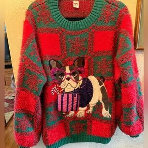Festive Red and Green Sweater with Bulldog Design XL Christmas Holiday Sweater